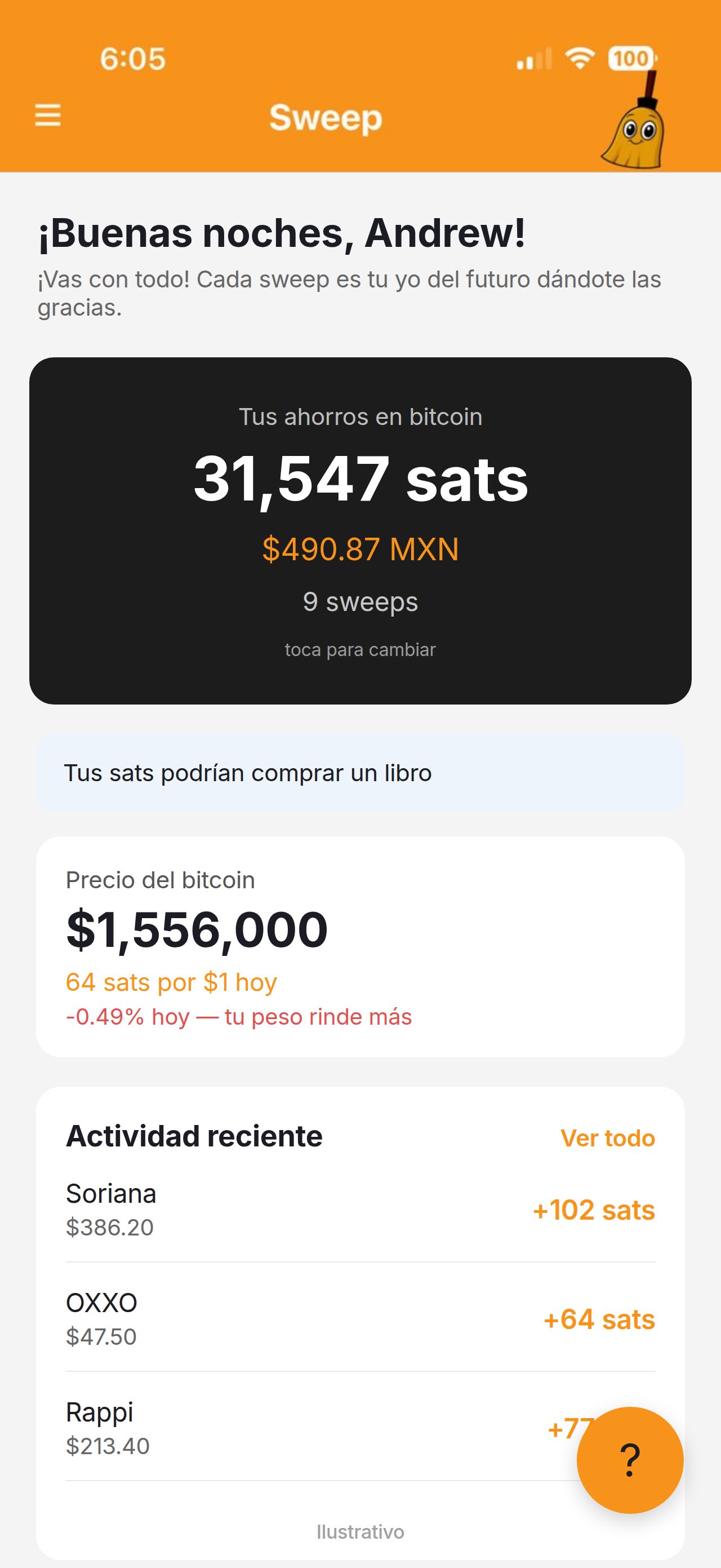 Pantalla de inicio de Sweep con 31,547 sats ahorrados